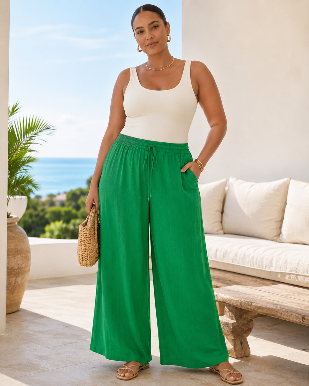 Nine West Womens Linen Pants XXL Wide Leg Elastic Coastal Resortwear Lagom Boho